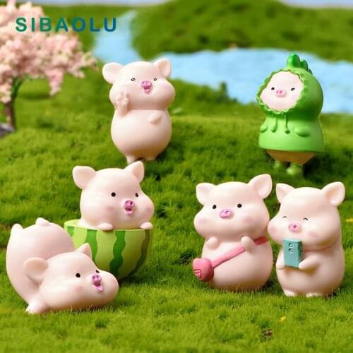7pcs Milk Watermelon Cute Pig Figurine Cartoon Animal Model DIY Home Decor Miniature Fairy Garden Decoration Accessories Modern
