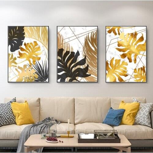 Abstract Luxury Golden Leaves Poster Marble Texture Wall Art Print Canvas Painting Modern Picture Living Room Decoration