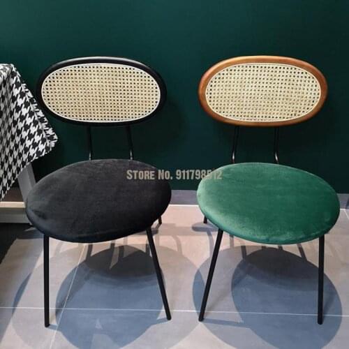 Velvet rattan dining chair Nordic ins household backrest makeup chair designer light luxury retro iron chair lounge chair