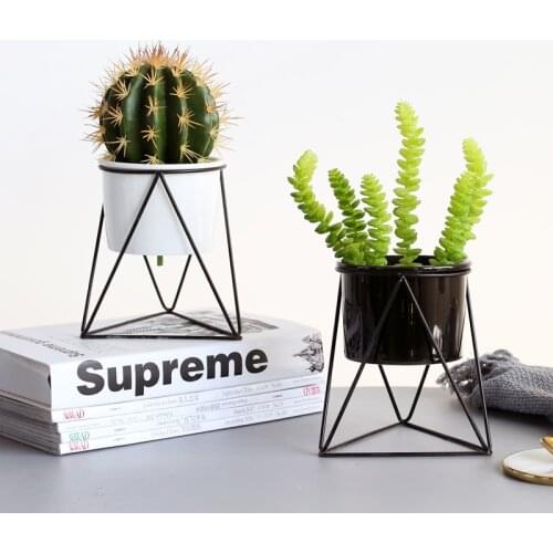 Geometric Flower Pot Ceramic Cachepot Planter Iron Rack Holder Planter Metal Plant Stand Succulents Pot Desktop Decorative