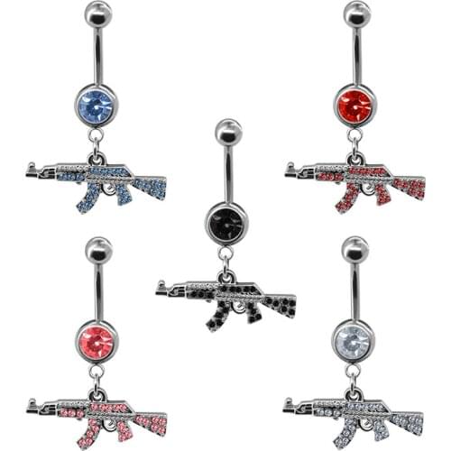 Fashion 316L Surgical Steel Navel Ring Barbell Drop Dangle Body Piercing Jewelry Crystal AK47 Belly Button Rings Men Women