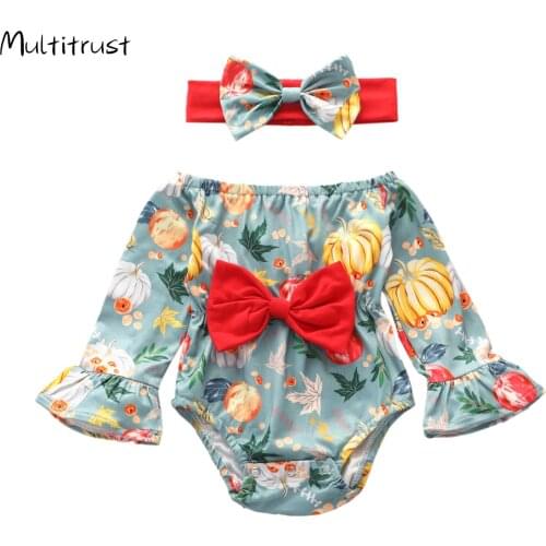 3 Colours Baby Bodysuits Headband Floral Print Boat Neck Long Flared Sleeve Jumpsuit and Headwear for Kids 0-24M