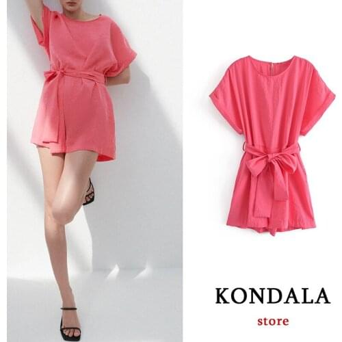KONDALA Za 2021 Chic Pink Women Playsuits Dress Bow Sashes Wide Leg Shorts Loose Stylish Dress Rompers Mujer Elegant Bodysuits