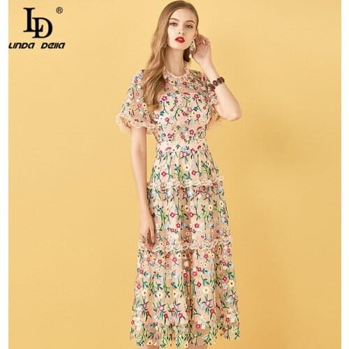 LD LINDA DELLA Summer Fashion Runway Party A Line Dress Women Lace Mesh Flowers Embroidery Dress Ladies Vintage Midi Dresses