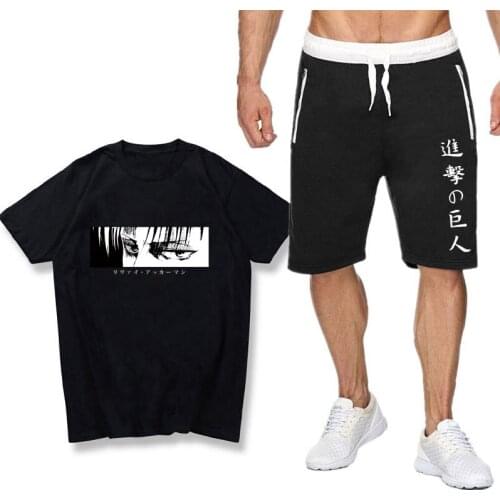 Summer Two Piece Set Japanese anime cotton mens T-shirt + sports mens sets Attack On Titan Shorts pantsuit T Shirts Sets