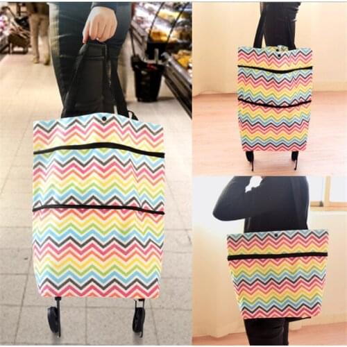 Fashion Printed Folding Shopping Trolley Storage Bag Portable Large Capacity Wild Handle Retractable Shipping Bag with Wheels