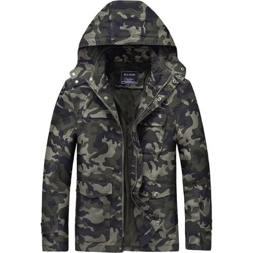Men Spring Fall 100% Cotton Camouflage Military Hooded Jacket Aviator Jacket Casual Hood Can Be Taken Off Army Tactical Jacket