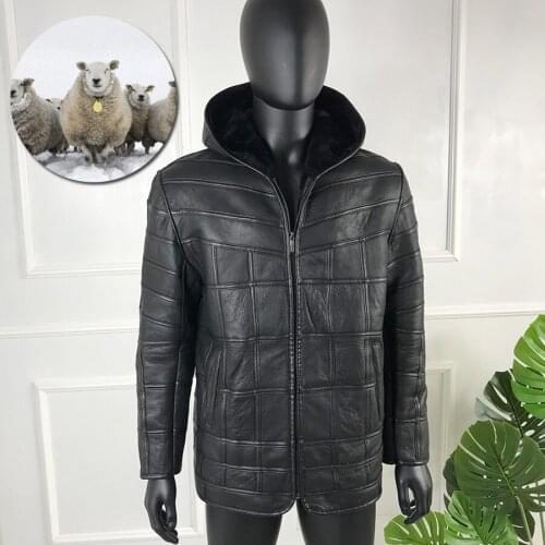 Mens Jacket Real Sheepskin Leather Coat Classic Fashion Hooded Warm Overcoat Waterproof Outwear 2020 Autumn Winter High Quality