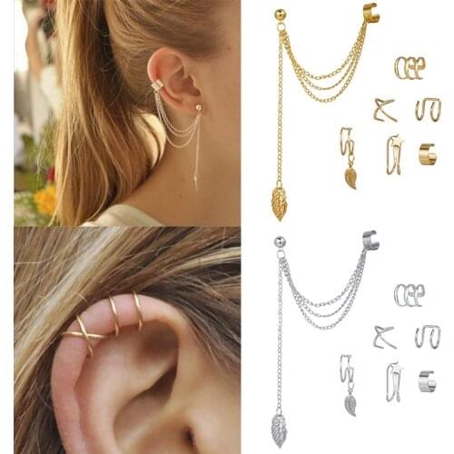 Modyle 2021 New Fashion Gold Silver Color Metal Ear Clip Leaf Tassel Earrings For Women Gift Ear Cuff Jewelry Gifts
