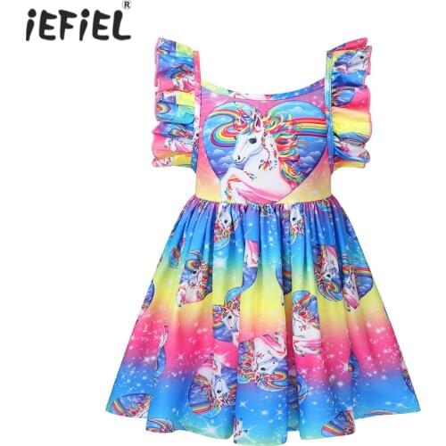 New Summer Kids Princess Dress For Girls Cute Cartoon Printed Ruffled Sleeveless Backless Casual Party Dress Baby Girl Dresses