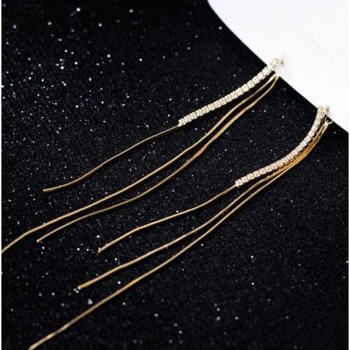 Sterling Silver Gold-Plated CZ Bar Dangle Drop Long Tassel Stud Earrings A1332