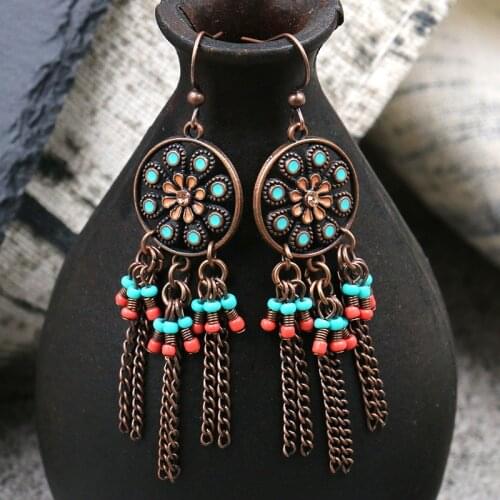 Retro Womens Flower Bollywood Oxidized Earrings Femmes 2021 Ethnic Afghan Beads Chian Tassel Drop Earrings