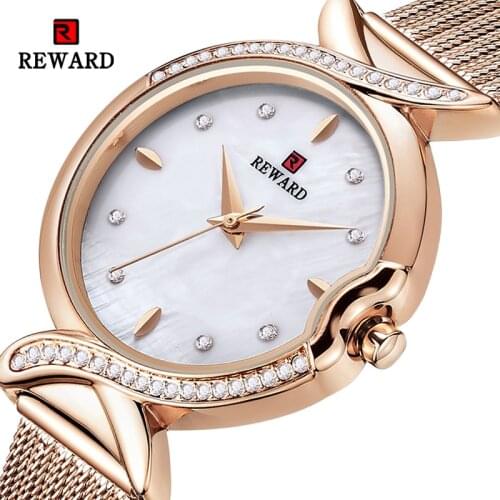 REWARD Fashion New Women Watches Pearl Dial Mesh Strap Quartz Japanese Movement Waterproof Wristwatch Girl Clock Relogio Feminin