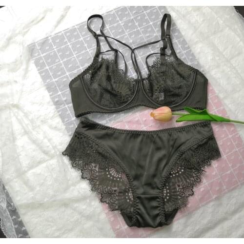 Honviey Sexy ultra-thin underwear set womens steel Push Up Brassiere lingerie semi-perspective seductive ladies pink bra set