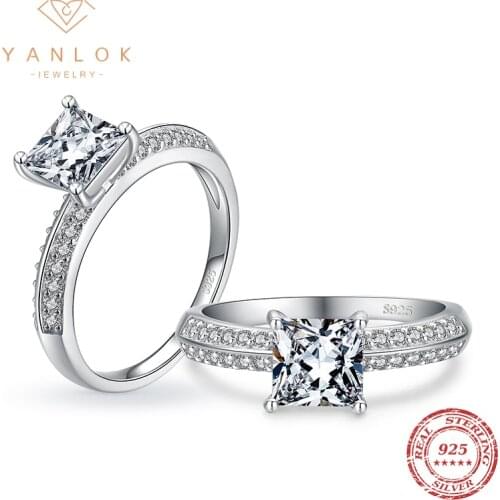 YANLOK Genuine 925 Sterling Silver Luxury Princess Cut Luminous CZ Wedding Rings For Engagement Anniversary Fine Jewelry Anel