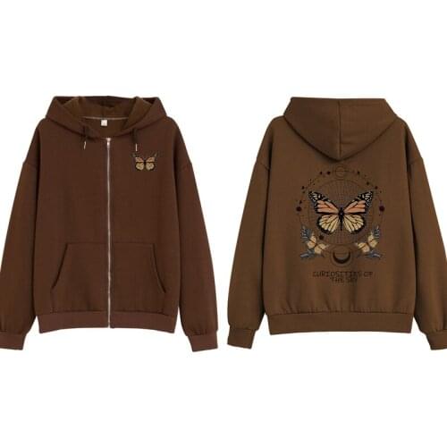 Zipper Sweatshirt Jacket Female Butterfly Graphic White Drop Shoulder Hoodie for Women Retro Oversize Harajuku Hooded Streetwear