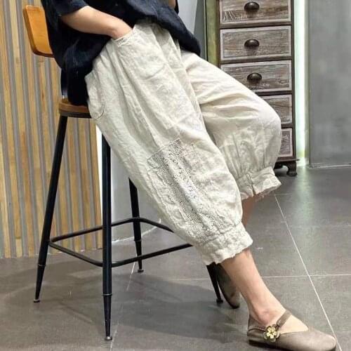 2021 New Summer Women Linen Embroidery Harem Pants Loose Casual Solid Color Cropped Trousers