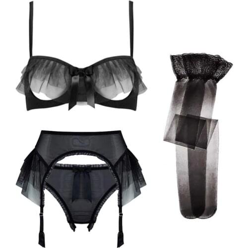 Womens sexy lace Lingerie set Bra and panties and garter and stockings 4 Pieces/Lots