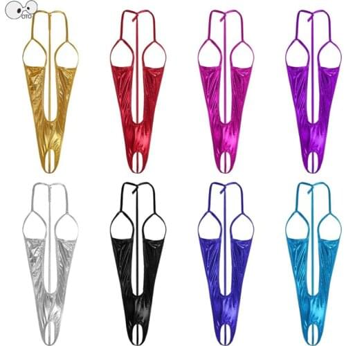 Women Shiny One Piece Swimwear Crotchless Metallic Bathingsuit Micro Sex Clubwear Bodysuit Open Bust Swimsuit Beachwear Lingerie