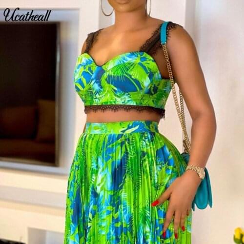 Women Two Piece Set Summer Vintage Printed Sleeveless Boho Lace Strap Crop Top +Pleated Skirt Elegant Party Outfits Vestidos