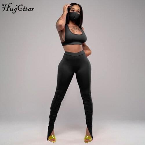 Hugcitar 2020 Sleeveless Solid Backless Bra Top Cut Out Stacked Leggings 2 Pieces Set Autumn Winter Women Solid Tracksuit