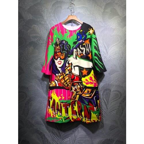 2021 spring summer runways diamonds loose women high quality cartoon print dress B265