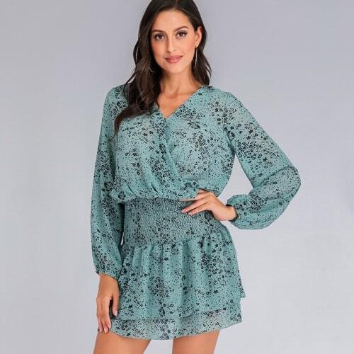 Women Dress Summer 2020 Chiffon Above Knee Long Lantern Sleeve Dress Party Vestidos Floral Print V-neck Fashion Dress