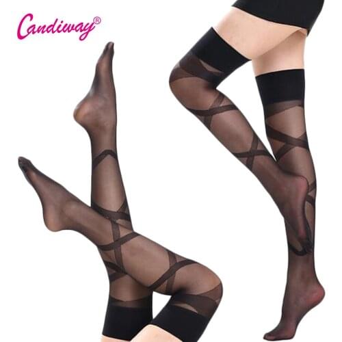 Candiway Fashion Black Slim Transparant Striped Wide Screw Striped Cross Fishnet Sexy Thigh High Stockings For Ladies