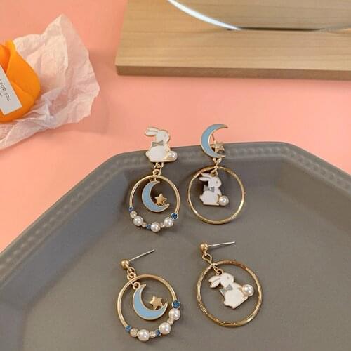 Personality Moon Girl Cute Korean Asymmetric Earrings Anti Allergy Enamel Rabbit Drop Earrings
