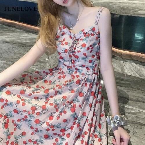 JuneLove Sexy Sleeveless Summer Strawberry Dress for Women Vintage Casual Clothes Sundress Korean Woman Fashion Midi Party Dress