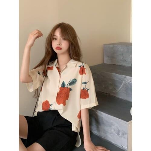 Summer new Korean style bf turn-down collar loose print personalized casual shirt