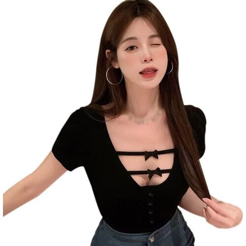 Summer Short-sleeved Design Female V Neck Tshirt Bow Hollow Hot Girl Upper Slim Short T-shirt