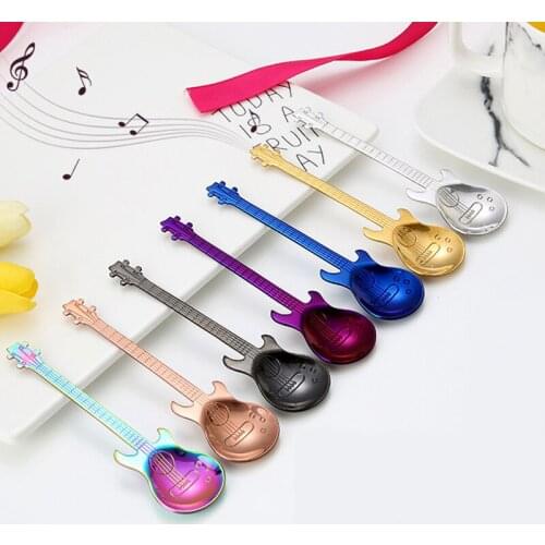 1pcs Stainless Steel Guitar Shaped Love Coffee Spoon Teaspoon Children Spoon New Beautiful 7 Colors Coffee Tea Use