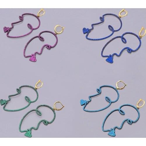 Fashion Womens 79mm 18K Gold Plated Cubic Zirconia Pave Beauty Face Heart Kiss CZ Hook Earrings