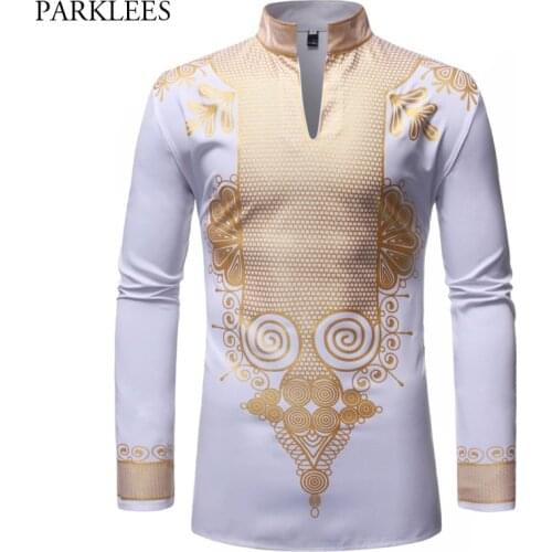 White Mandarin Collar Shirt Men 2019 Fashion African Dashiki Print Dress Shirt Men Long Sleeve Casual Shirts African Clothing