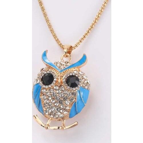 Cute Round Owl Crystal Rhinestone Pendant Necklace Long Necklace Souvenir Gift Female Jewelry