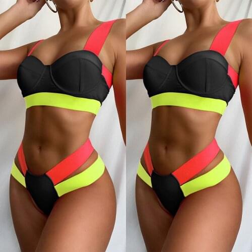 2pcs Sexy Swimwear Bikini Set Bra Womens Bikini Patchwork Set Swimsuit Two Piece Filled Bra Swimwear Beachwear Dropshipping
