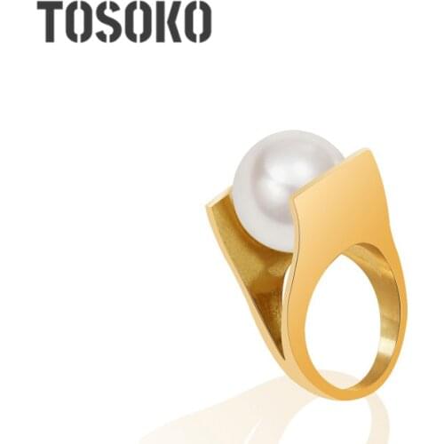 TOSOKO Stainless Steel Jewelry Y-Shaped Pearl Imitation Unique Style Ring Women Exaggeration Fashion Ring BSA166
