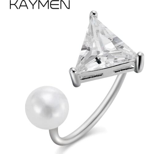 Triangular Cubic Zirconia Adjustable Cuff Rings for Women Girls, Statement Pearl Band Rings Wedding Engagement Party Jewelry 297