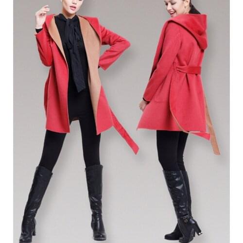 High grade double-sided color woolen fabrics womens fashion hooded cardigan overcoat md-long no lining S36/M38/L40