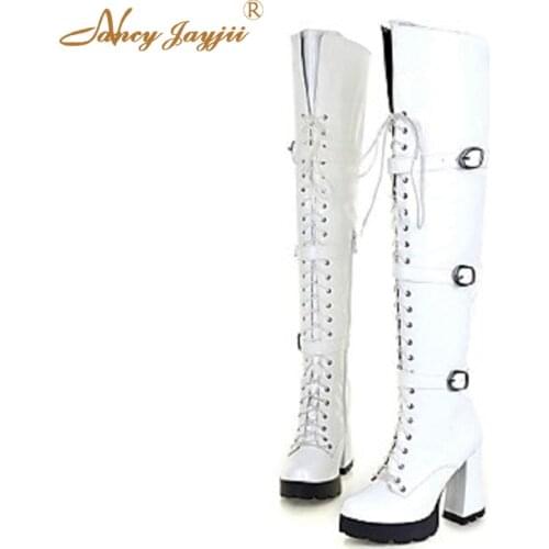 Nancyjayjii White Red Black Women New Round Toe Chunky High Heel Leather Over The Knee Autumn Boots Shoes Women Casual Outdoor