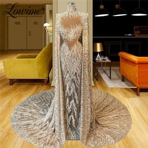 Lowime Dubai Champagne Long Cape Sleeves Formal Evening Dresses 2021 Couture Plus Size Pearls Beading Lace Party Celebrity Dress