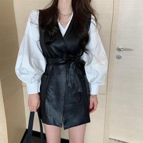 Faux Leather Vest Women Pu Oversized Motorcycle Loose Sleeveless Sashes Waistcoat Autumn Korean Blouse Long Sleeve Female Shirt