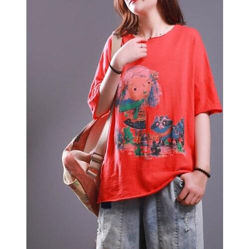 2019 Summer t-shirt Women Blouses tops Cartoon Print Cotton Linen Tops Loose art Casual tShirts Plus Size