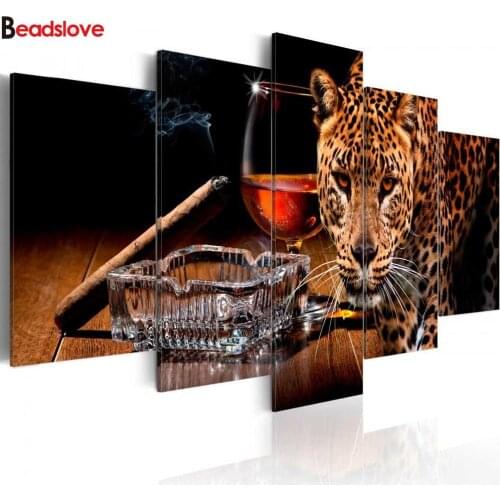 5 piece Cigarette wine leopard Diamond Embroidery full round diamond pictue of rhinestone Diamond painting cross stitch kits
