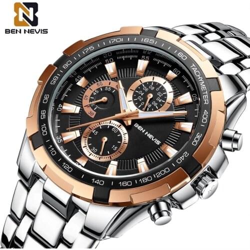 Mens Quartz Watch 2021 Top Brand BENNEVIS Luxury Watch Mens Fashion Stainless Steel Waterproof Wristwatch Luminous Chronograph