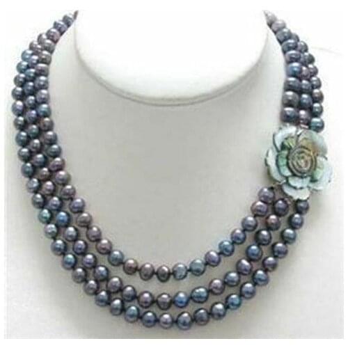 3Rows 6-7MM Black Akoya Cultured Pearl Necklaces 17-19" AA