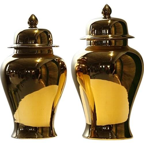 Jingdezhen Modern Gold Plating With Cover Ceramic Ginger Jar with lid porcelain storage pot porcelain temple jar vase