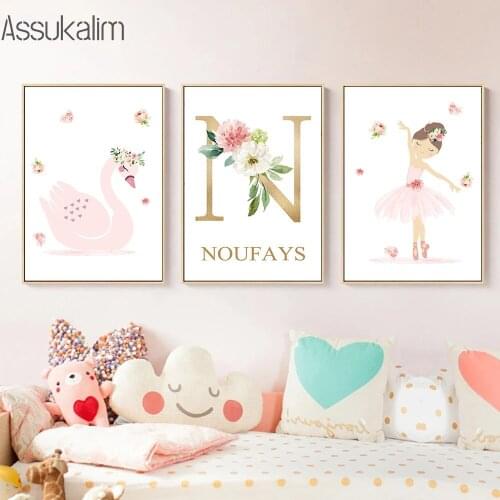 Nursery Canvas Art Painting English Alphabet Poster Girl Posters And Prints Swan Print Nordic Wall Pictures Bedroom Decoration