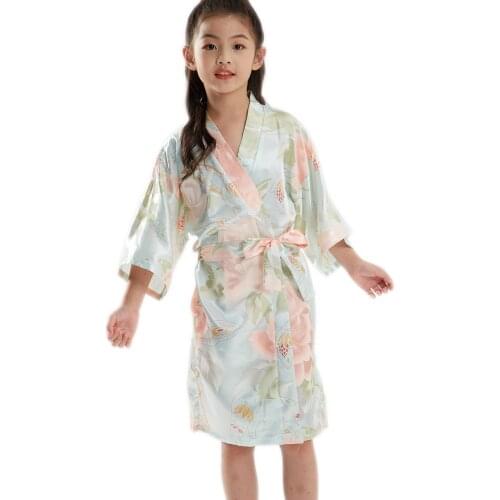 Childrens Silk Stain Light Blue Peony Print Kimono Wedding Dressing Gown Kimono Robes Bridal Lingerie Sleepwear
